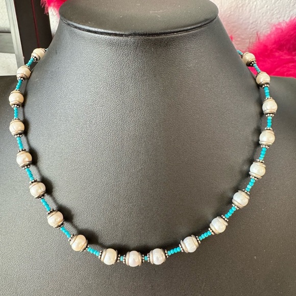 Artisan Pearl and Turquoise Beaded Necklace - Picture 1 of 10